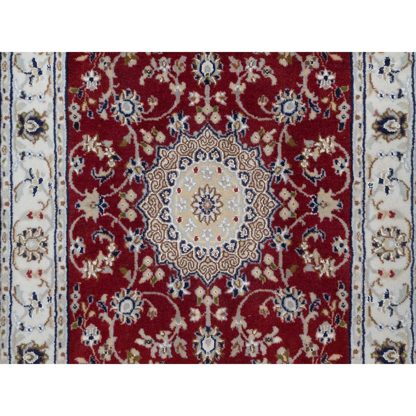 2'7"X10'3" Red Hand Knotted Nain Medallion Design Wool & Silk Runner Rug