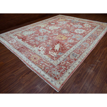 11'9"X14'8" Coral Red Hand Knotted Afghan Angora Oushak Natural Wool Rug