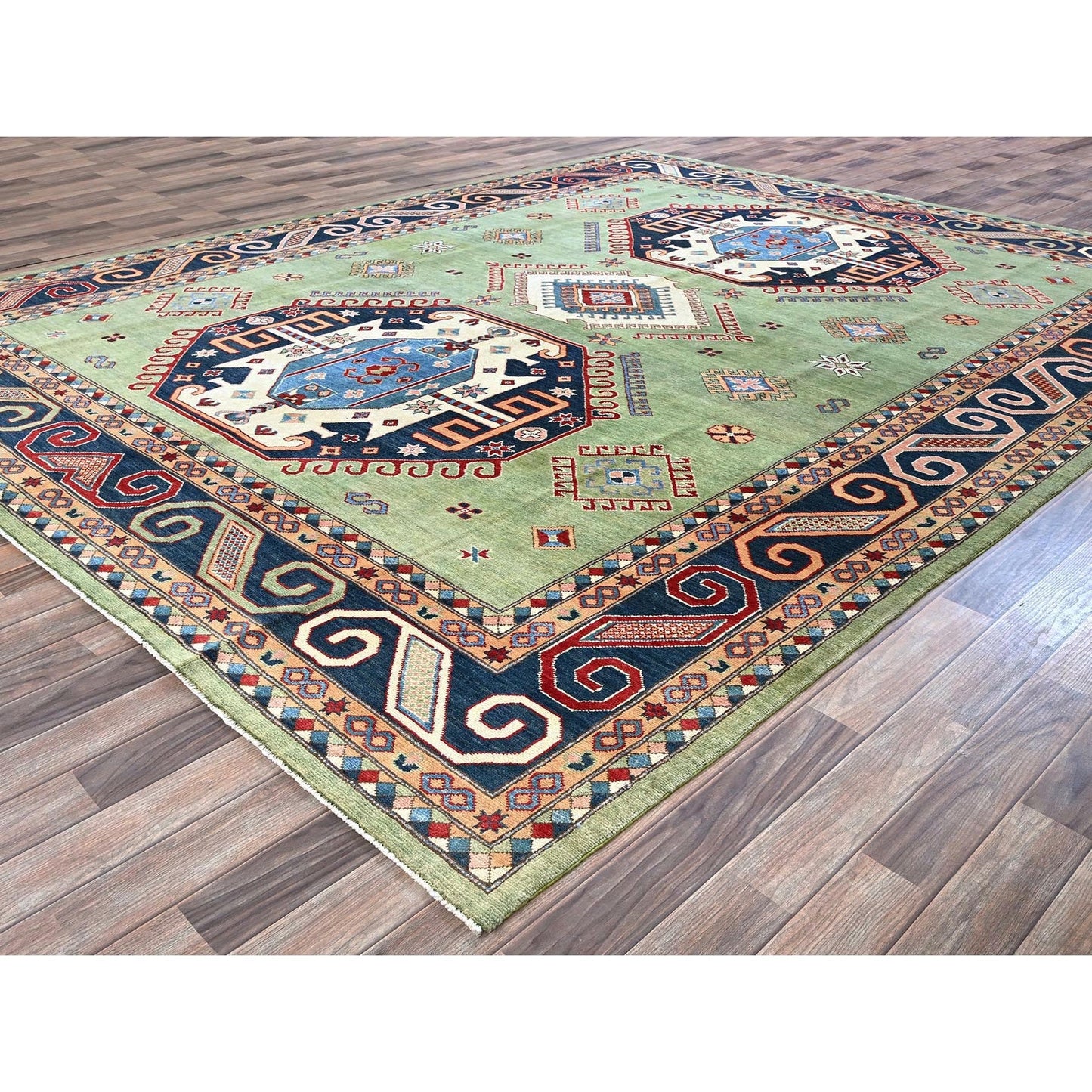 9'2"X11'7" Green Special Kazak Geometric Design Hand Knotted Pure Wool Rug