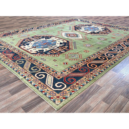 9'2"X11'7" Green Special Kazak Geometric Design Hand Knotted Pure Wool Rug