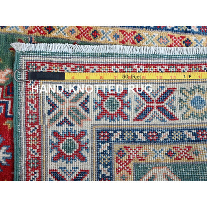 2'8"X9'10" Green Kazak Geometric Design Hand Knotted Soft Wool Runner Rug