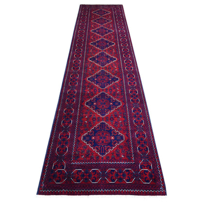 2'9"X12'10" Deep Red Afghan Khamyab Soft Wool Hand Knotted Runner Rug
