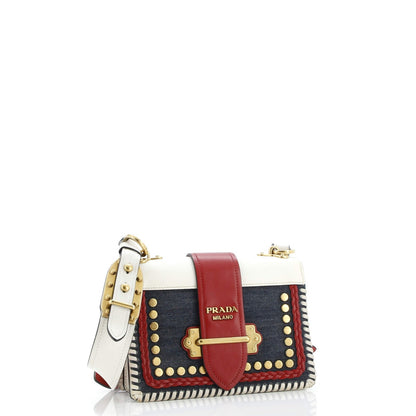 Prada Cahier Crossbody Bag Embellished Denim And Leather Small