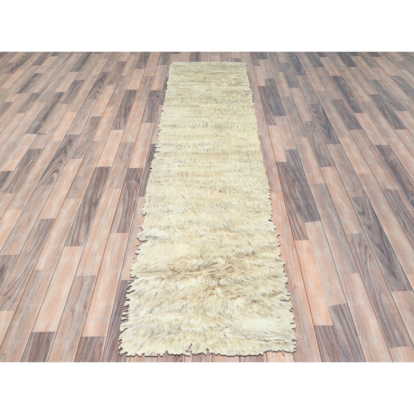 2'7"X10'1" Beige Shaggy Moroccan Natural Wool Hand Knotted Runner Rug
