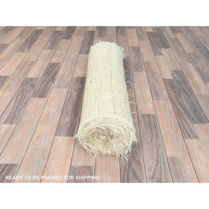 2'7"X10'1" Beige Shaggy Moroccan Natural Wool Hand Knotted Runner Rug
