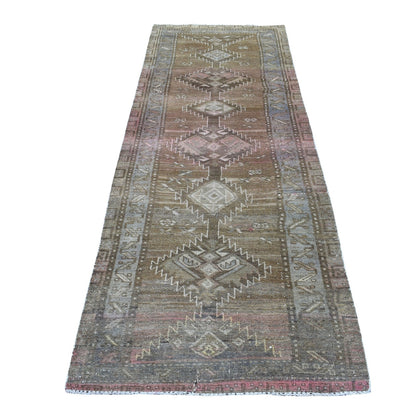3'3"X9'8" Vintage Worn Down Wide Runner Hand Knotted Tribal Bohemian Rug