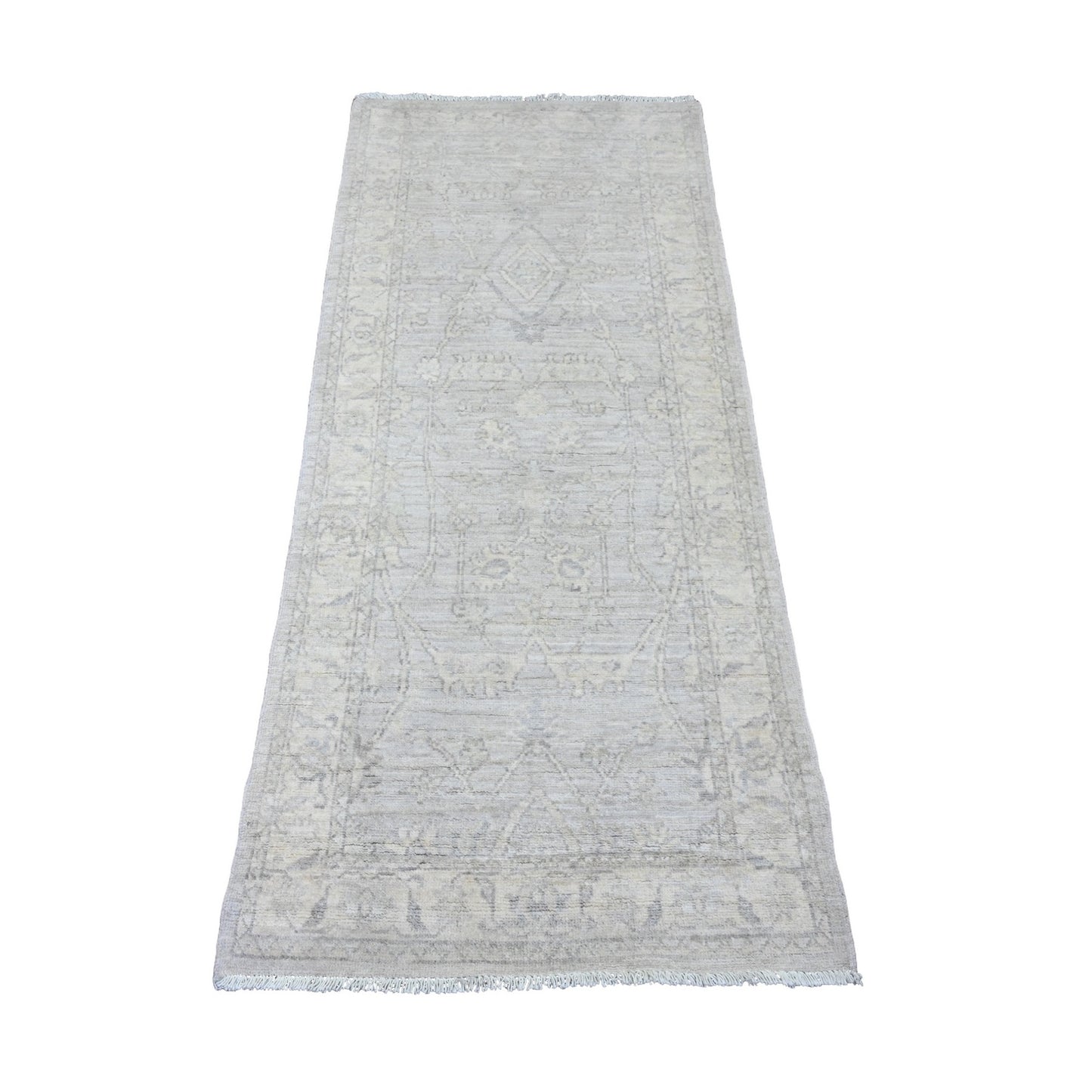 2'5"X5'8" Gray Hand Knotted Washed Out Peshawar 100% Wool Runner Rug