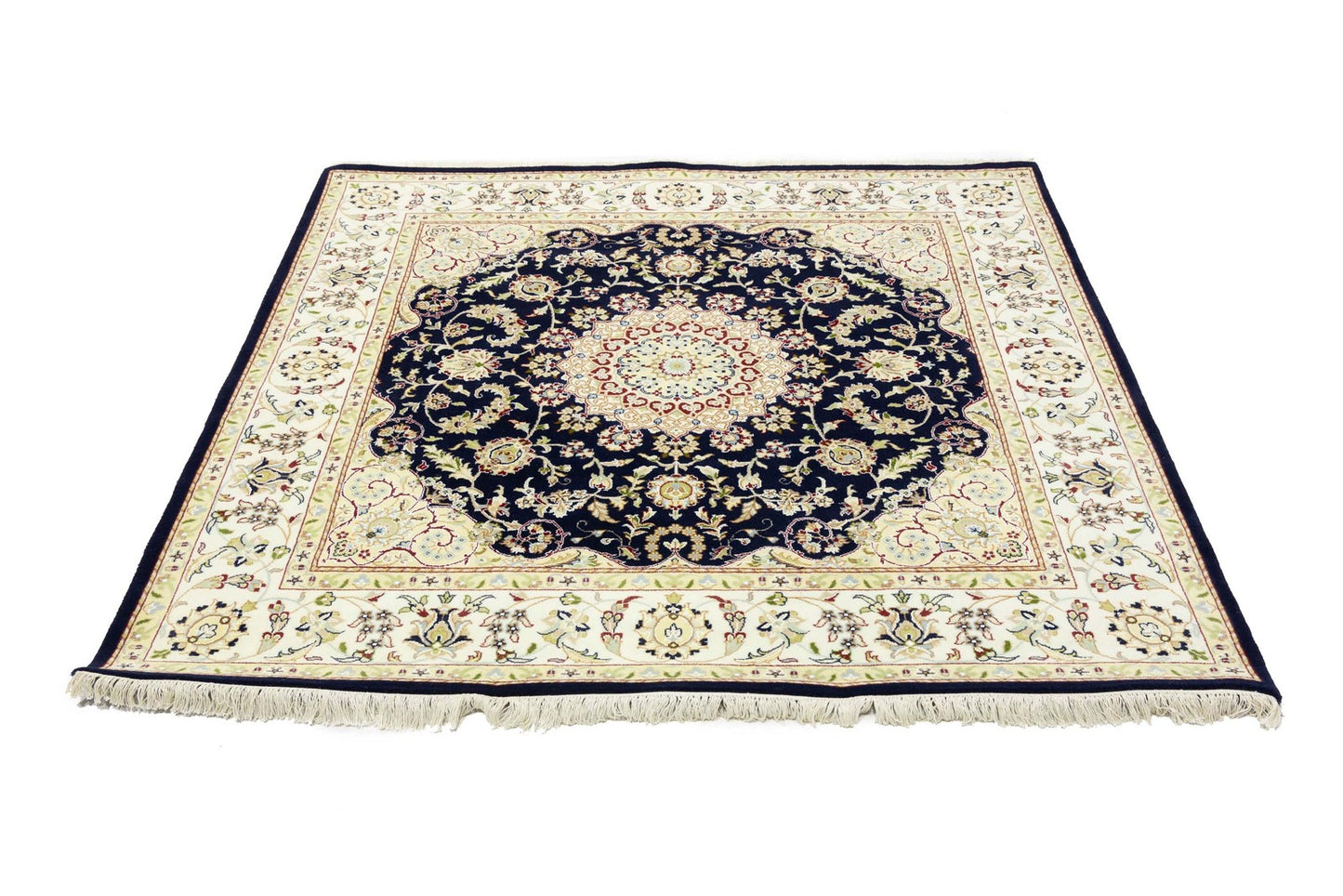 Handmade Navy Floral Classic Indo-Nain Square Rug Oriental Carpet 6x6ft