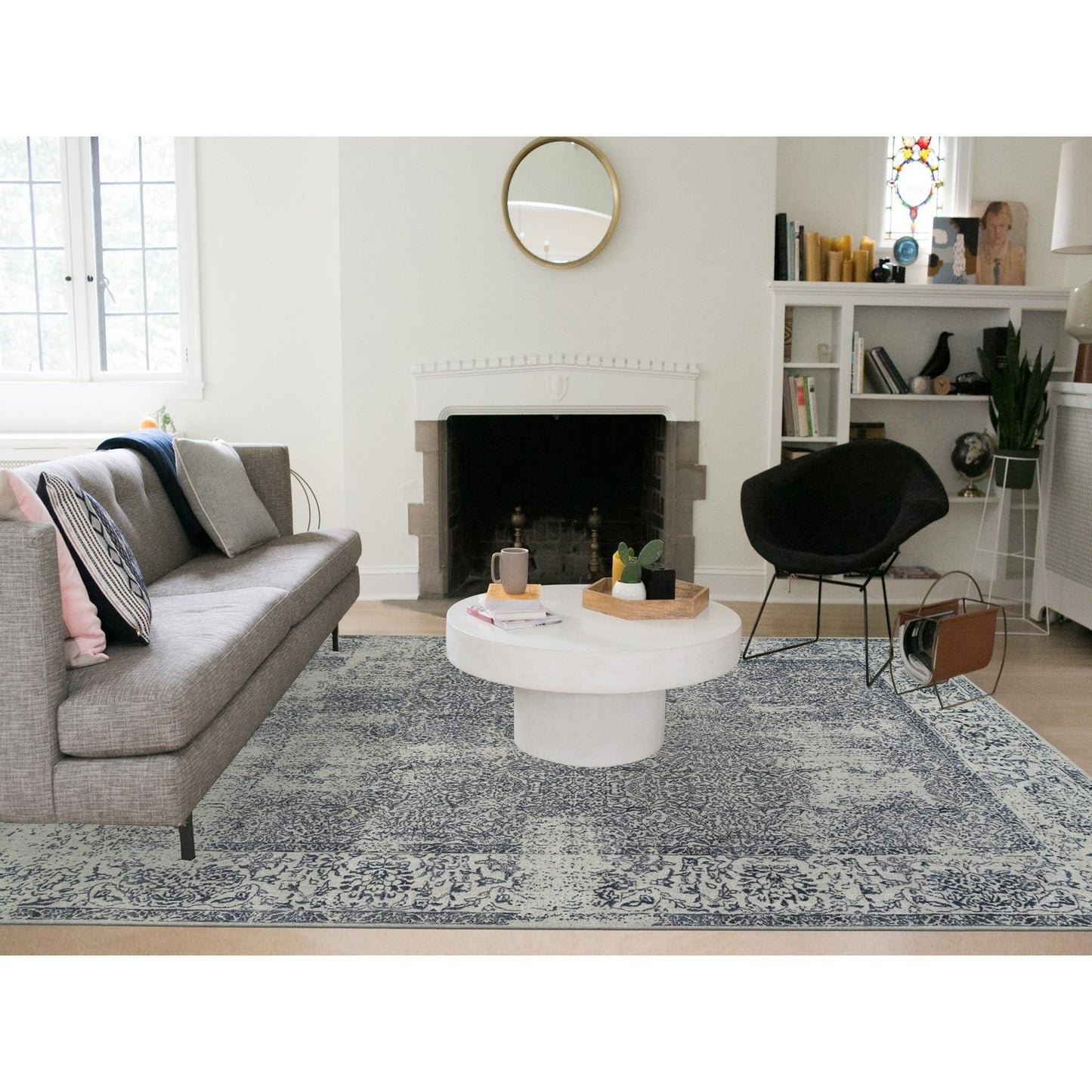 Light Gray Fine Jacquard Wool Silk Hand Loomed Oriental Rug