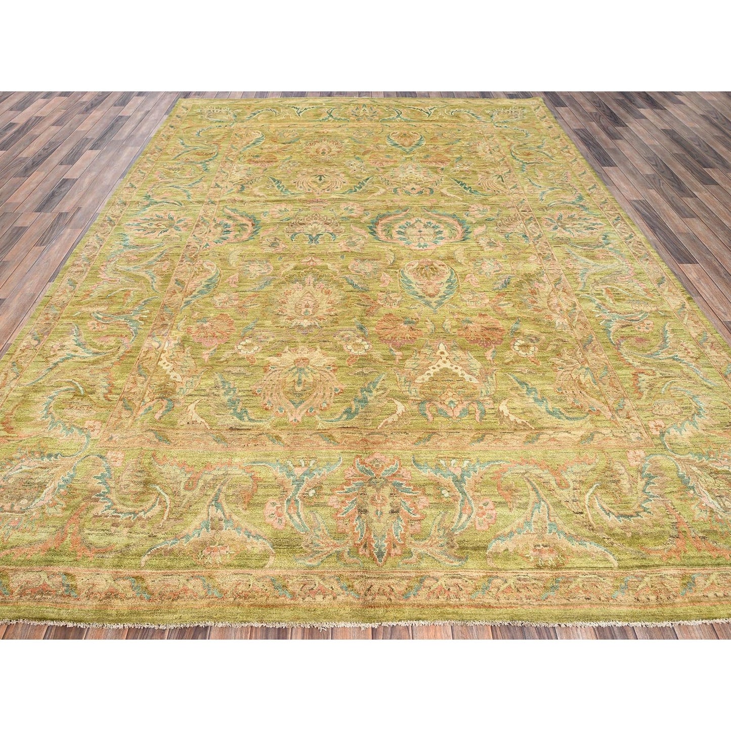 8'10"X12'1" Chino Green Vintage Rajasthan 100% Wool Hand Knotted Rug