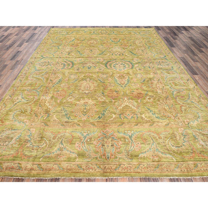 8'10"X12'1" Chino Green Vintage Rajasthan 100% Wool Hand Knotted Rug