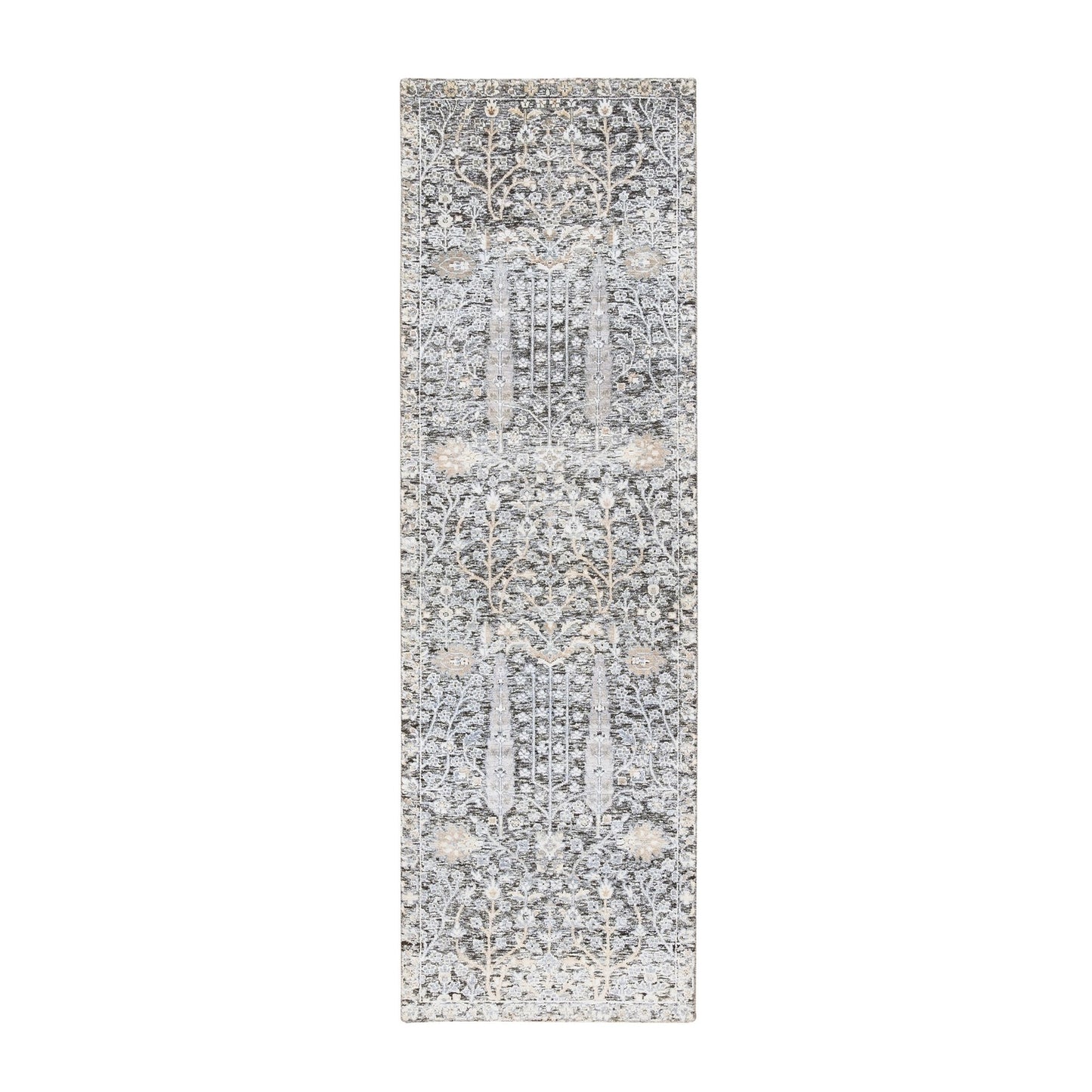 2'7"x8'3" Silver, Willow and Cypress, Silk/ Wool Hand Knotted, Runner Rug