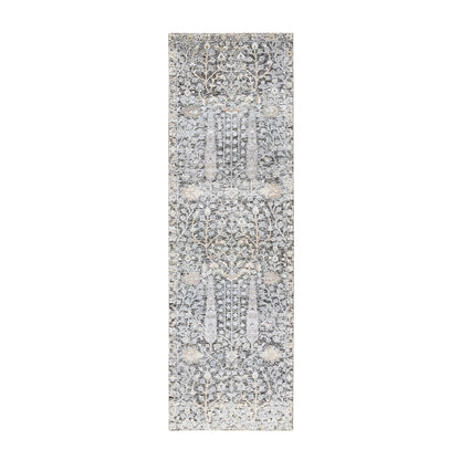 2'7"x8'3" Silver, Willow and Cypress, Silk/ Wool Hand Knotted, Runner Rug