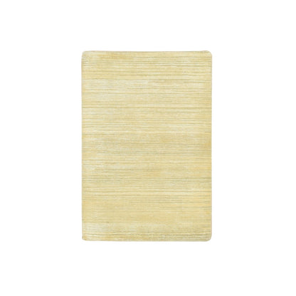 2'X3' Beige Plain Line Design Silk & Oxidized Wool Hand Knotted Mat Rug