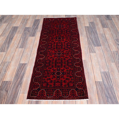 1'8"X4'9" Red Afghan Khamyab Geometric Pattern Hand Knotted Wool Runner Rug