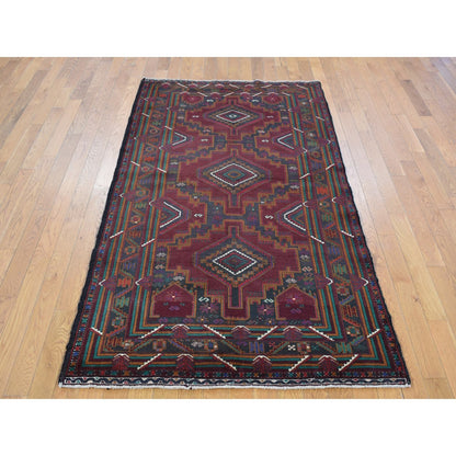 3'10"X7' Red Afghan Balooch Geometric Design Pure Wool Hand Knotted Rug