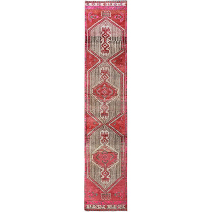 2'5"X11'10" Red Overdyed Vintage Zoroastrian Hand Knotted Wool Runner Rug