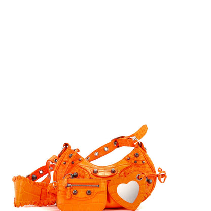 Balenciaga Le Cagole Giant Studs Shoulder Bag Crocodile Embossed Leather Small