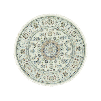 5'X5' Droplets White Hand Knotted Nain Center Medallion Floral Round Rug