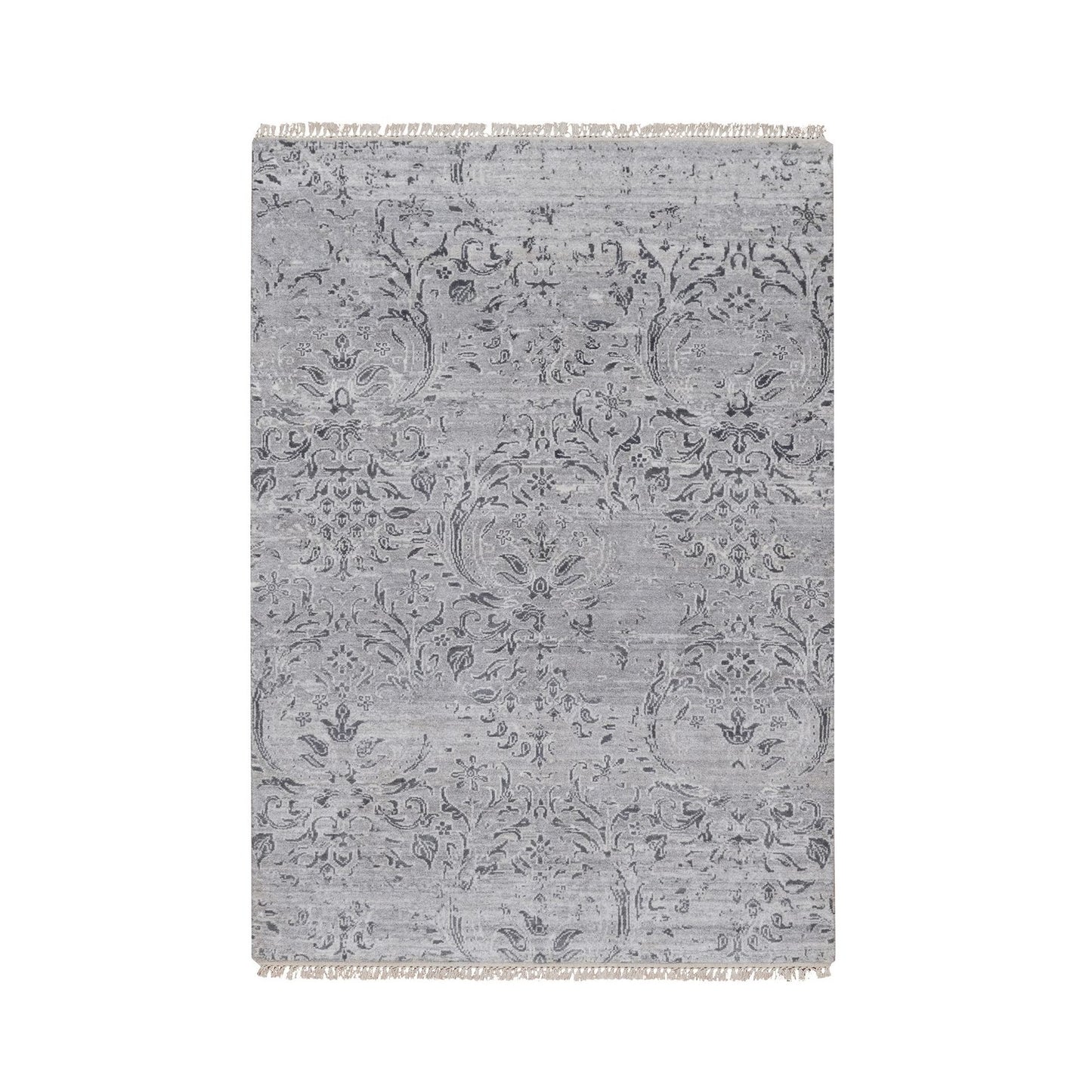 4'X5'10" Cloud Gray Wool And Silk Rug Damask Design Hand Knotted Oriental