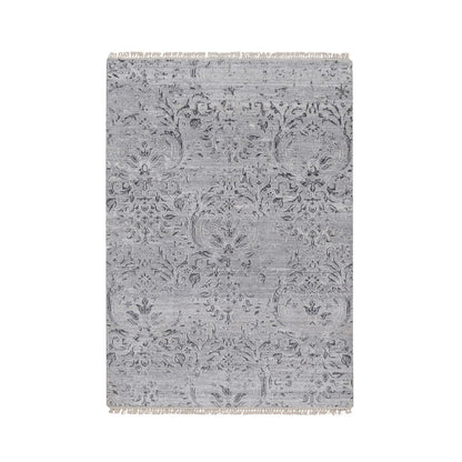 4'X5'10" Cloud Gray Wool And Silk Rug Damask Design Hand Knotted Oriental
