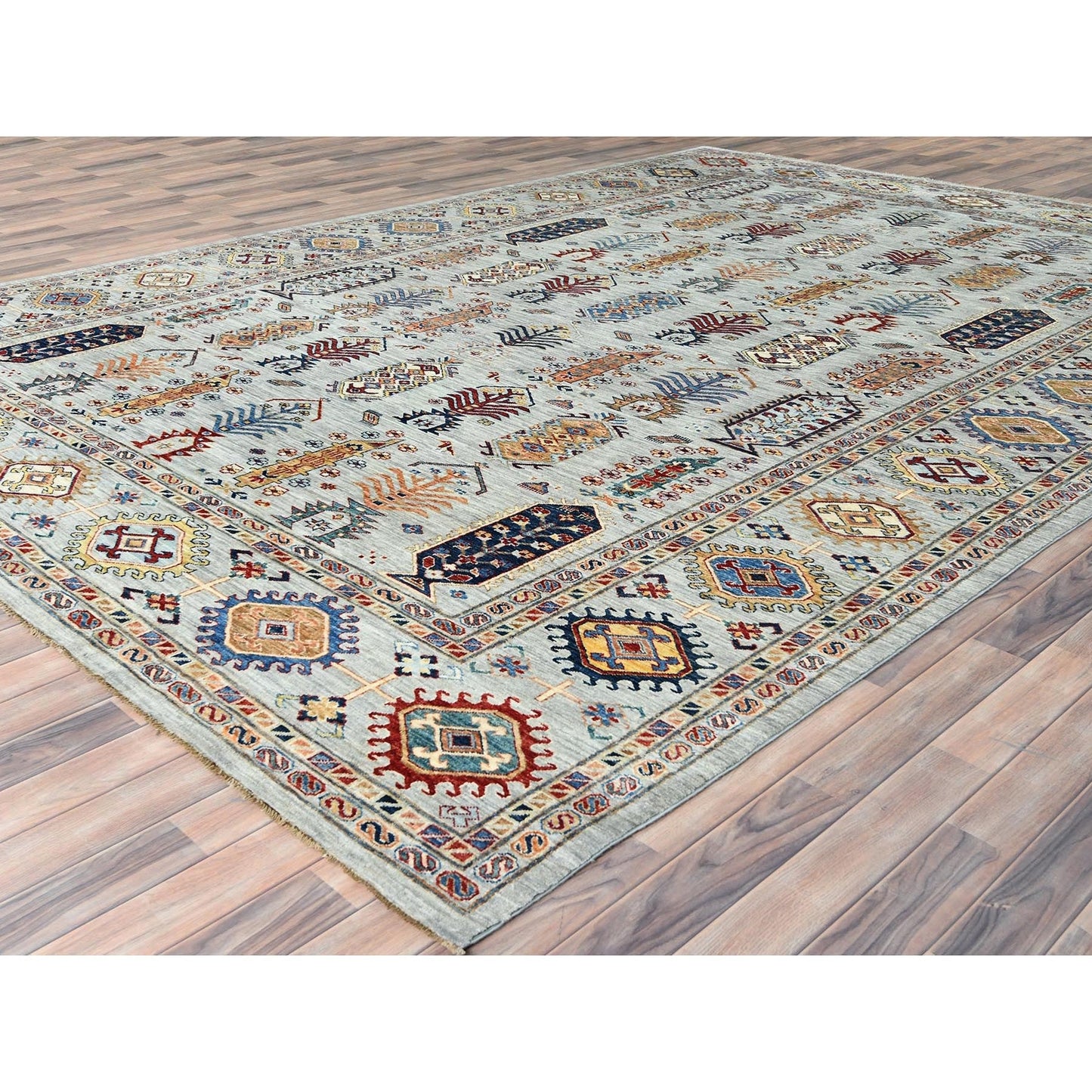 10'X14' Silver Blue Pure Wool Hand Knotted Afghan Super Kazak Rug