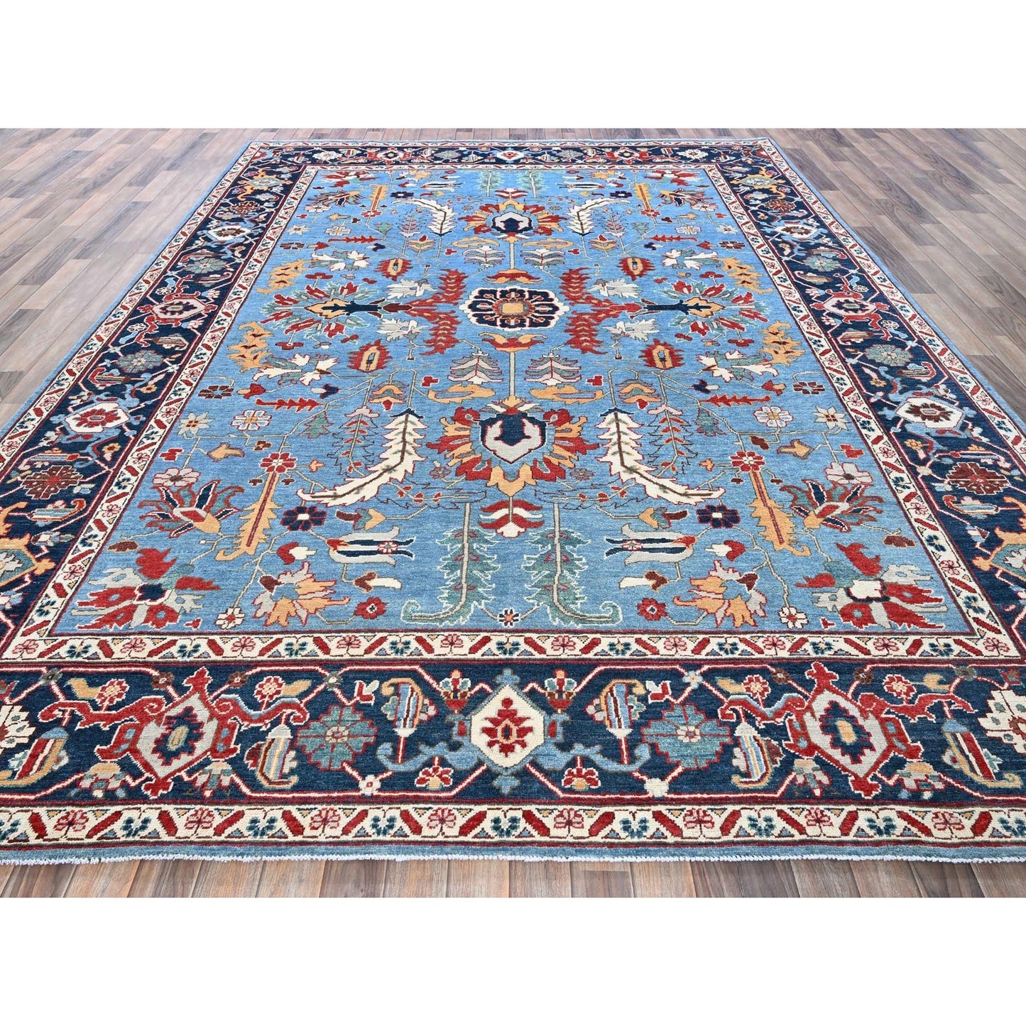 9'2"X11'8" Blue Peshawar With Heris All Over Design Wool Hand Knotted Rug