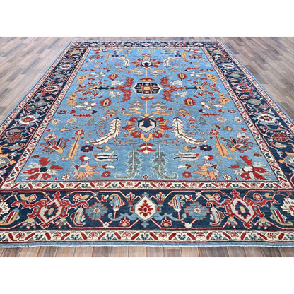 9'2"X11'8" Blue Peshawar With Heris All Over Design Wool Hand Knotted Rug