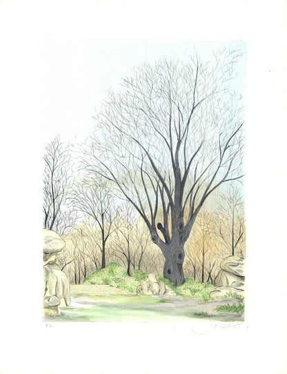 Borris Saillart Barren Tree Signed " Lithograph Realism Pastel