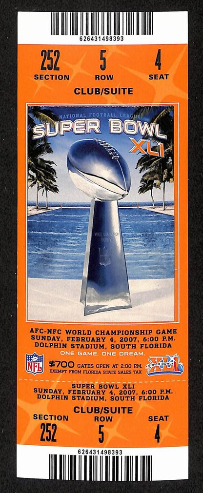2007 Super Bowl Xli 41 Full Unused Mint Authentic Ticket Colts Vs. Bears 198886
