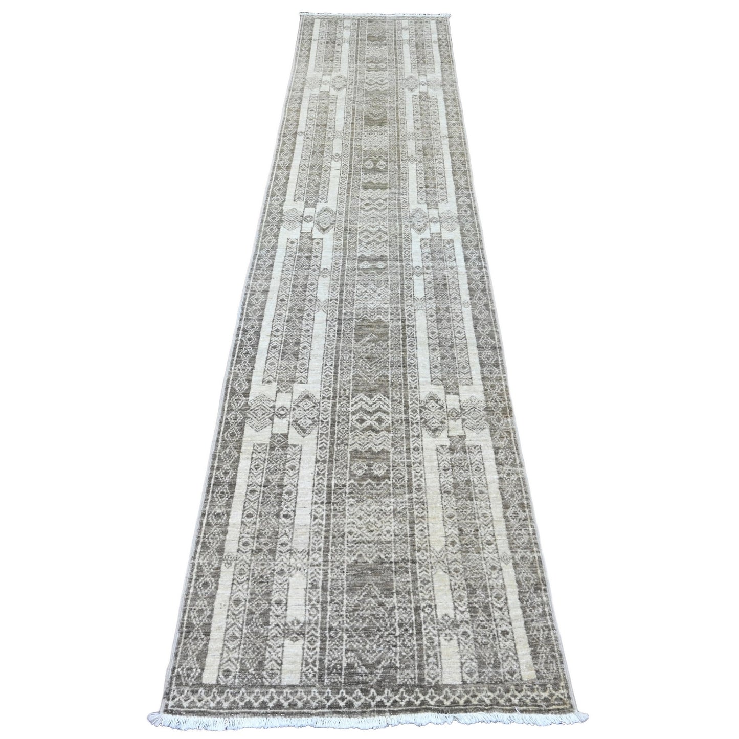 2'5"X11'6" Brown Berber Influence Geometric Wool Hand Knotted Runner Rug