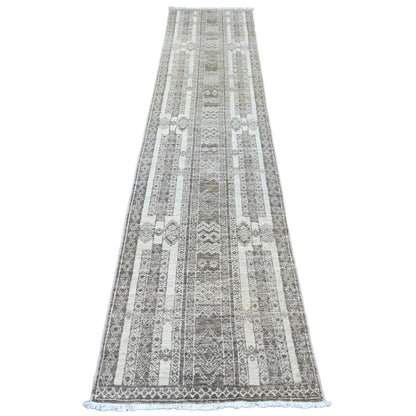 2'5"X11'6" Brown Berber Influence Geometric Wool Hand Knotted Runner Rug