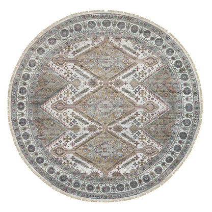 9'9"X9'9" Ivory Hand Knotted Flower Rosettes Border Round Oriental Rug