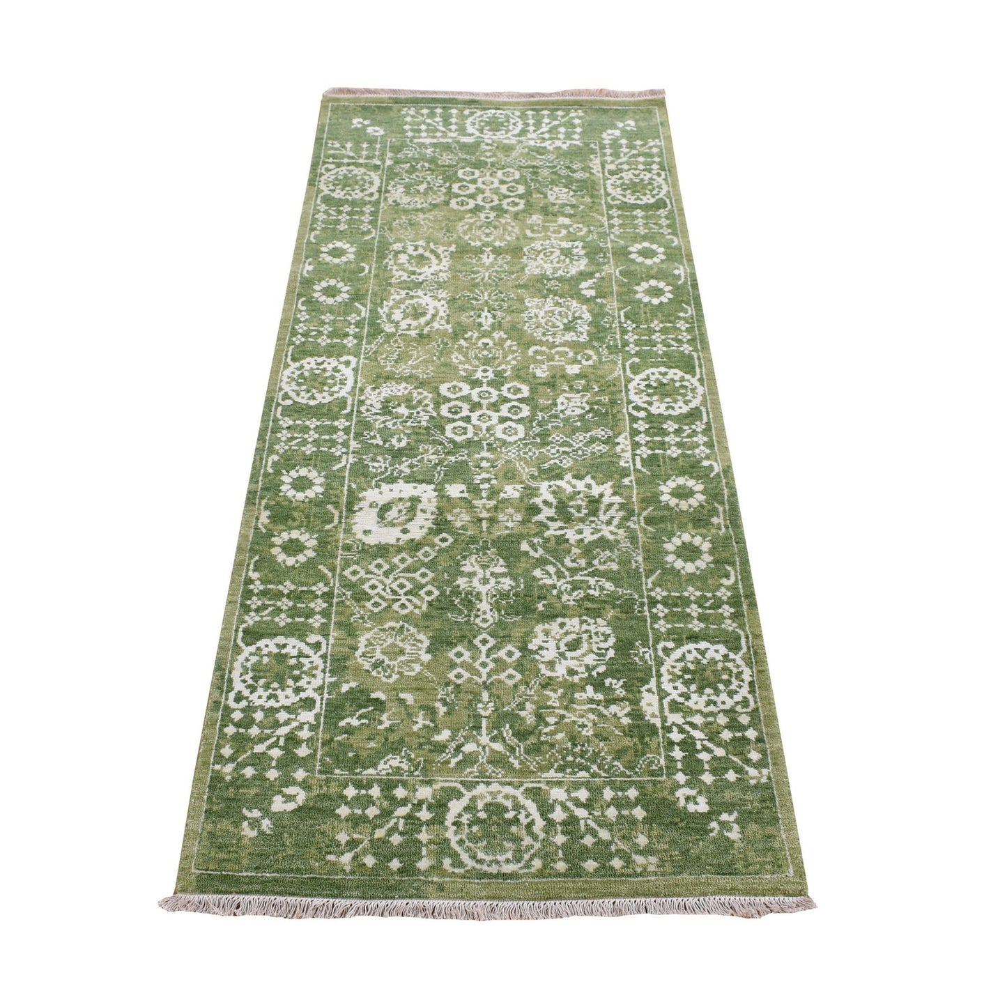 2'6"X6' Green Tebraz Design Wool And Silk Hand Knotted Runner Rug
