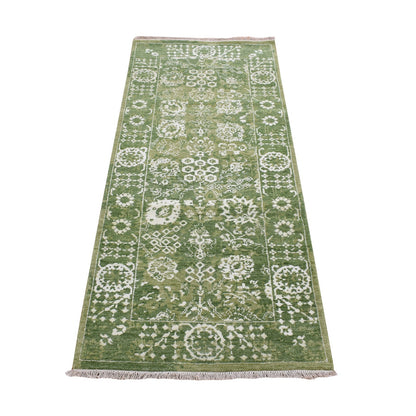 2'6"X6' Green Tebraz Design Wool And Silk Hand Knotted Runner Rug