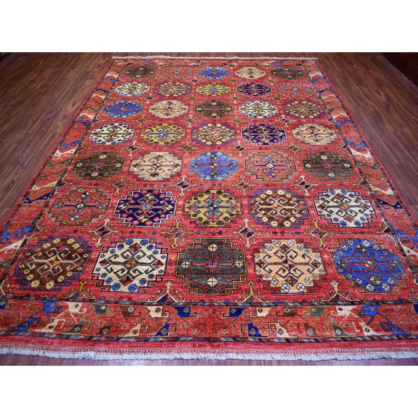 8'8"X11'7"Red Turkeman Ersari With Geometric Design Wool Hand Knotted Rug