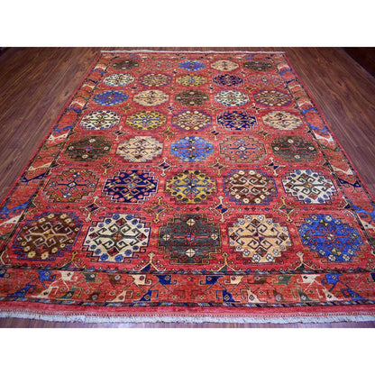 8'8"X11'7"Red Turkeman Ersari With Geometric Design Wool Hand Knotted Rug
