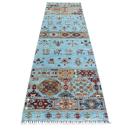 2'9"X9'10" Blue Super Kazak Khorjin Design Wool Hand Knotted Runner Rug