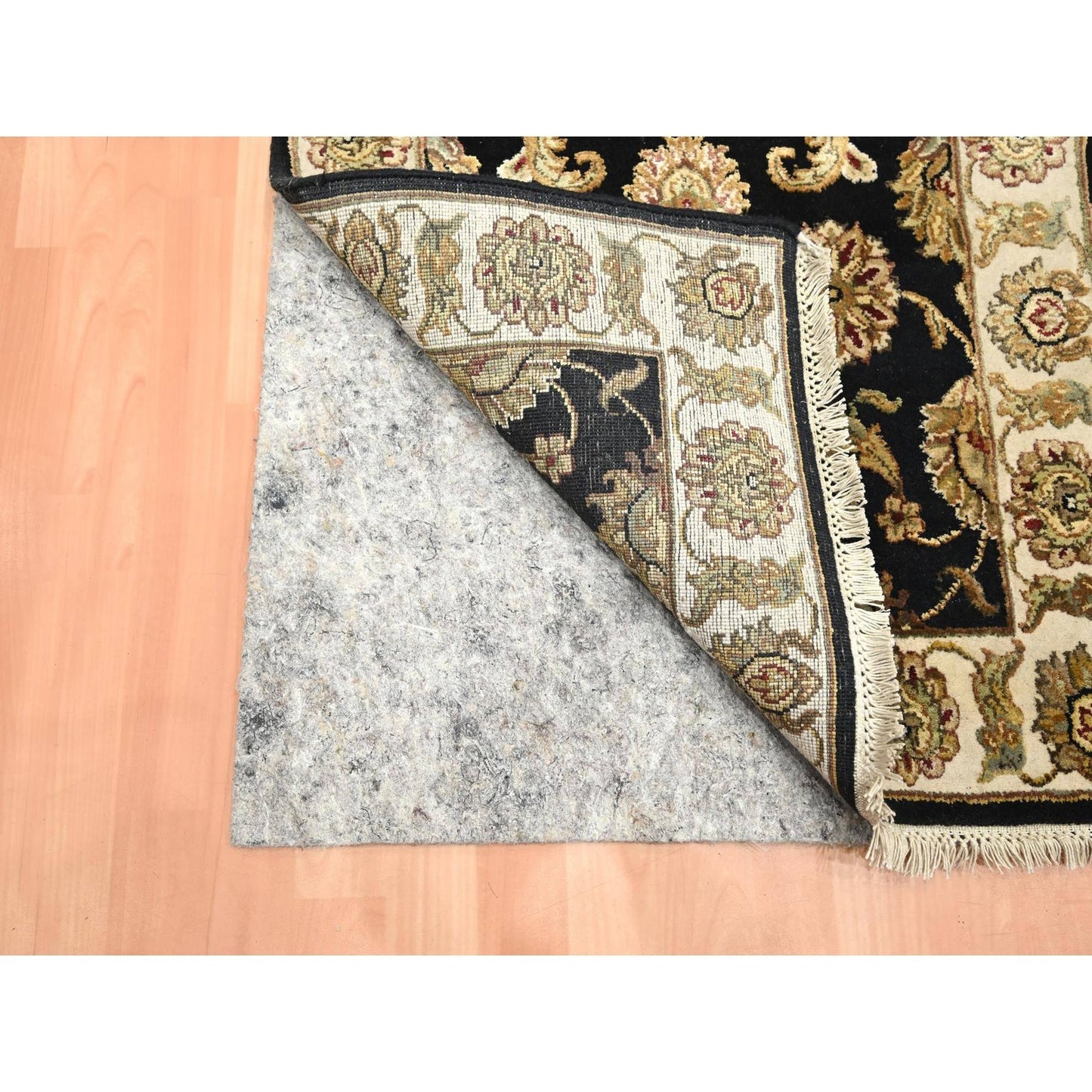 2'6"x8' Black Hand Knotted Rajasthan Leaf Design Wool and Silk Runner Rug