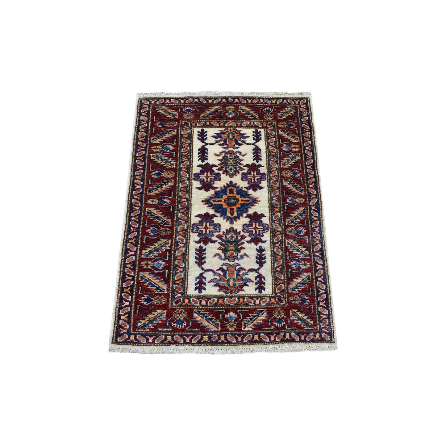 2'X2'10" Tribal Design Super Kazak Hand Knotted Ivory Pure Wool Mat Rug