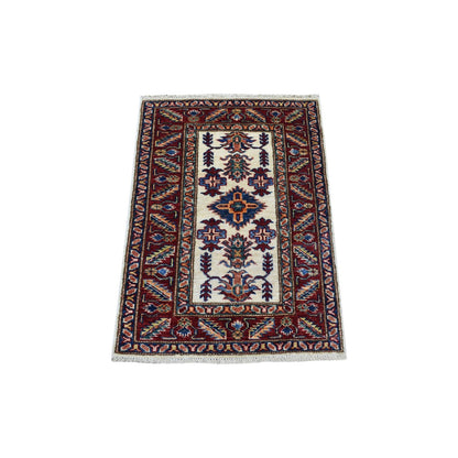 2'X2'10" Tribal Design Super Kazak Hand Knotted Ivory Pure Wool Mat Rug