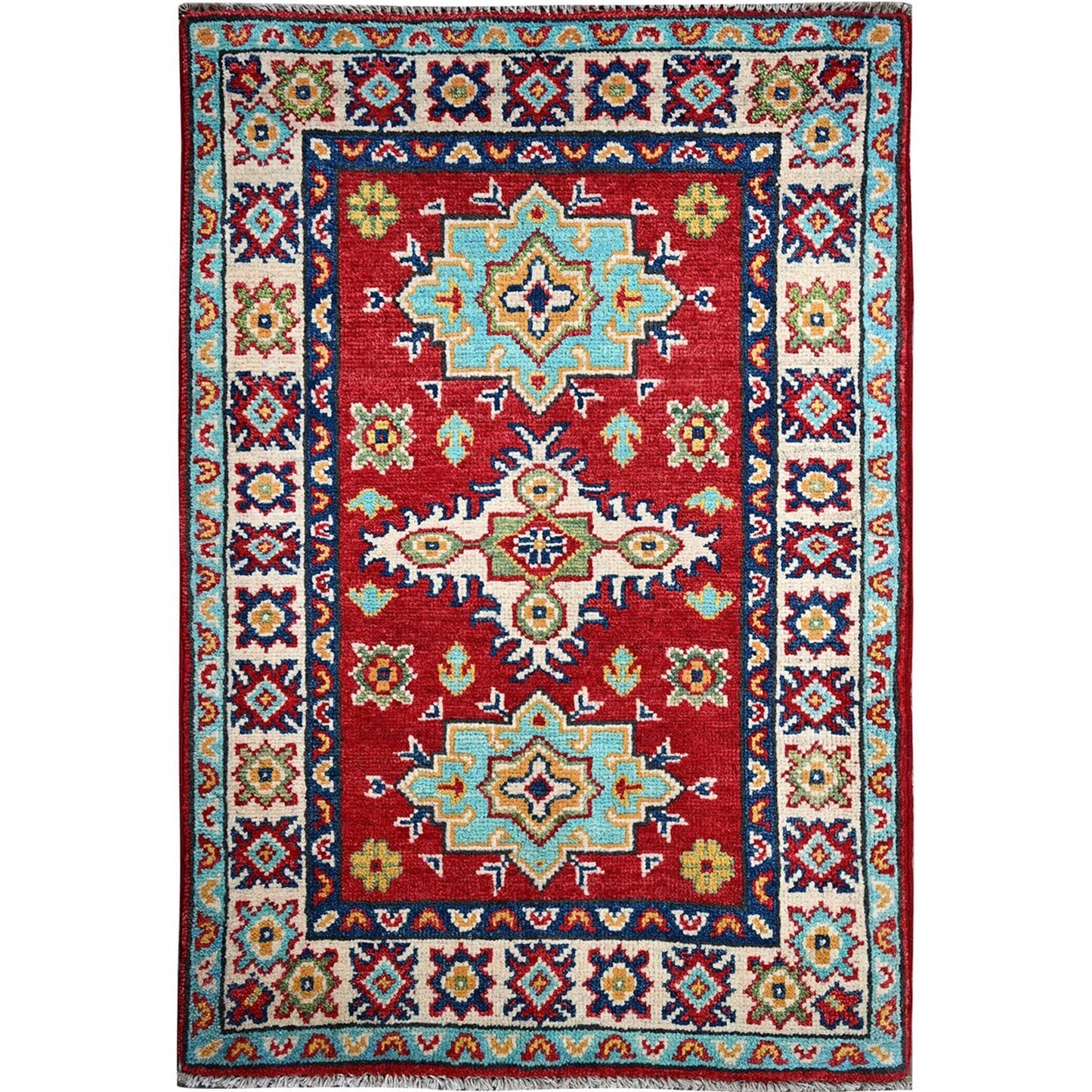 2'1"X3' Red Kazak Geometric Medallions Design Wool Hand Knotted Sample Rug