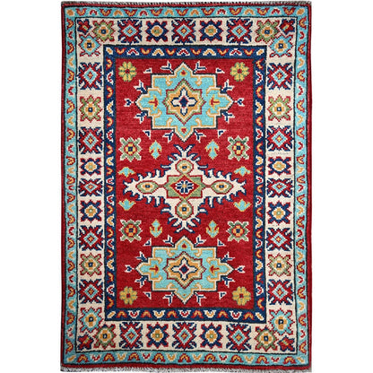 2'1"X3' Red Kazak Geometric Medallions Design Wool Hand Knotted Sample Rug