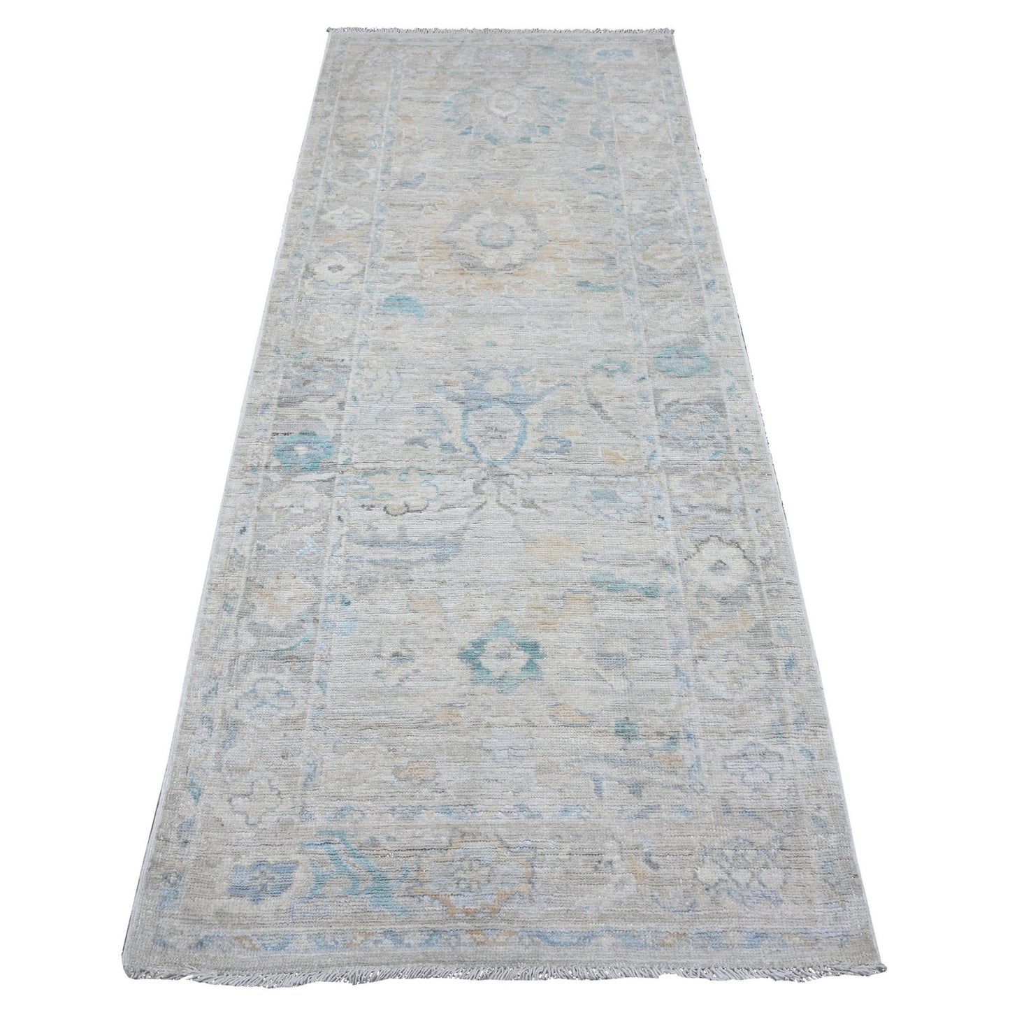 3'2"X7'9" Gray Hand Knotted Afghan Angora Oushak Runner Oriental Rug