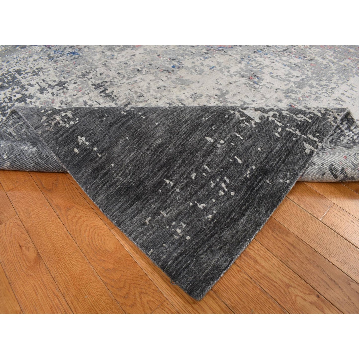 9'2"x12' Arsenic Gray Wool and Silk Erased Heris Design Hand Knotted Rug