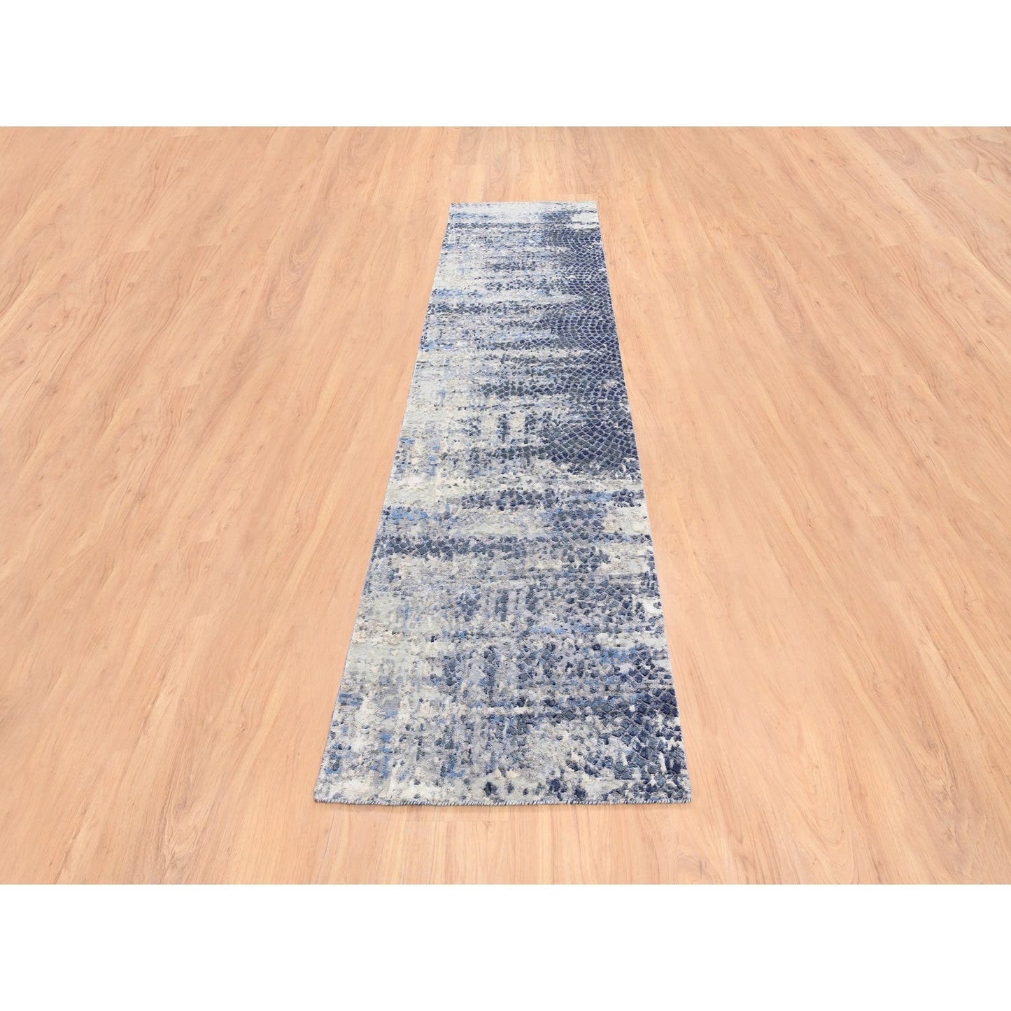 2'5"x10' Blue Abstract With Mosaic Design Wool And Silk Hand Knotted Rug