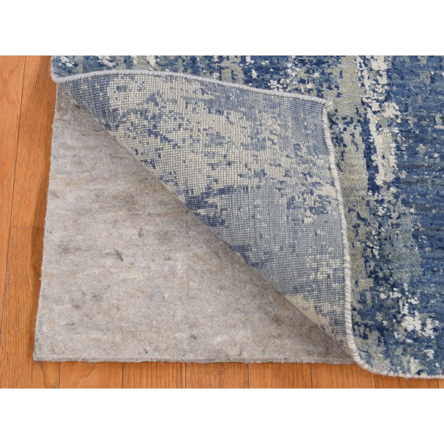 2'6"X8'1" Blue Abstract Design Wool And Silk Hand Knotted Runner Rug