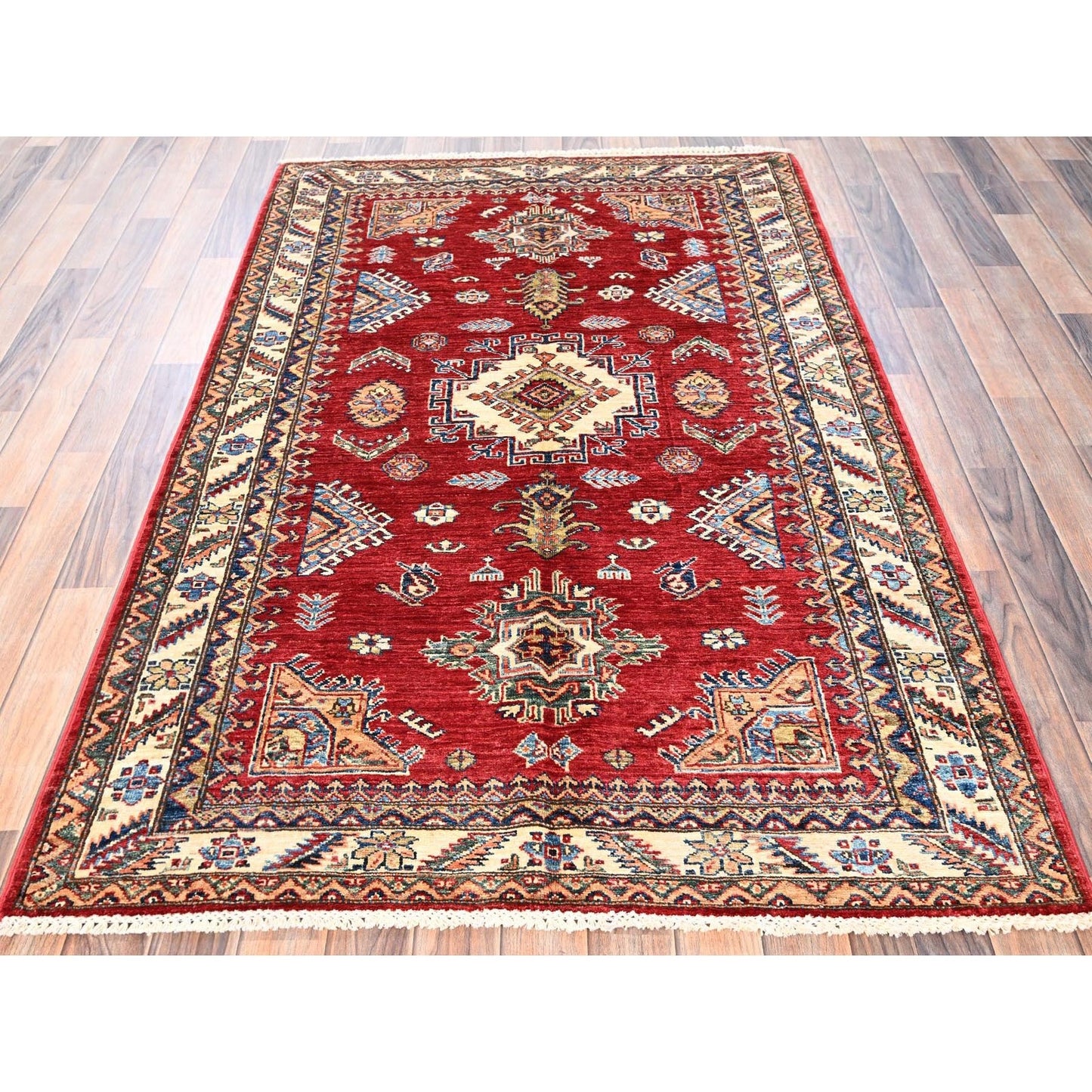 4'1"X6'5" Red Hand Knotted Afghan Super Kazak Medallions Design Wool Rug