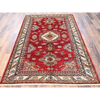 4'1"X6'5" Red Hand Knotted Afghan Super Kazak Medallions Design Wool Rug