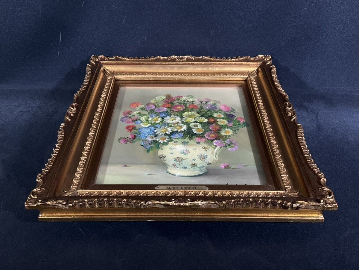 French Still Life Flowers Oil Painting in Vase Signed Framed by Andre Robert